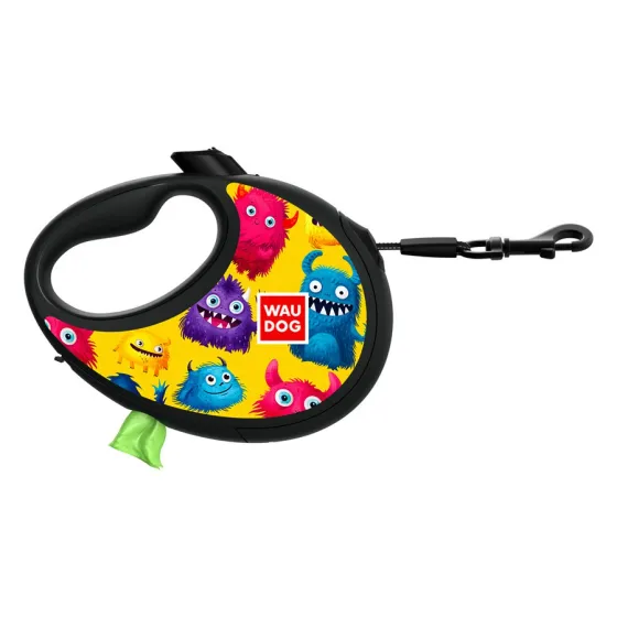 Поводок-рулетка WAUDOG R-leash «Мохнатые монстры» S с контейнером для пакетов, для собак весом до 12 кг, лента 3 м