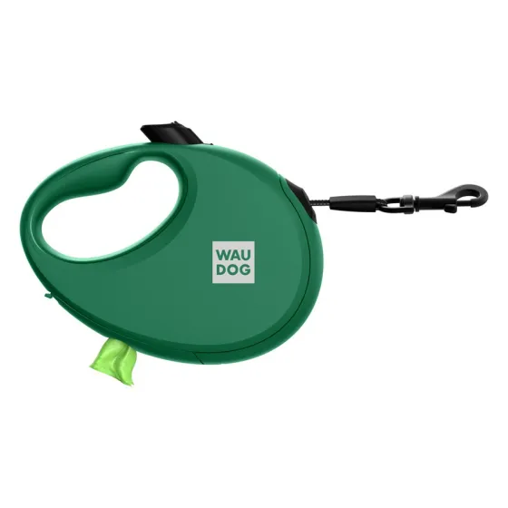 Поводок-рулетка WAUDOG R-leash с контейнером для пакетов, S, для собак весом до 12 кг, лента 3 м, зеленый