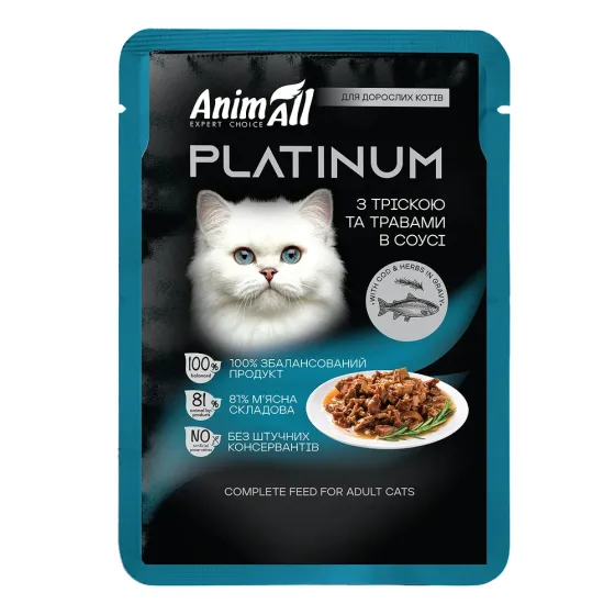 Вологий корм для дорослих котів AnimAll Platinum з тріскою та травами в соусі 85 г