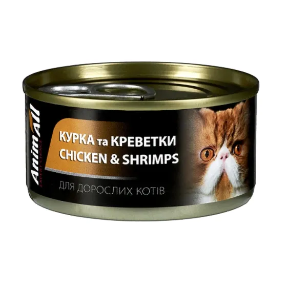 Вологий корм для дорослих котів AnimAll з куркою та креветками в желе 85 г