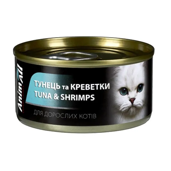 Вологий корм для дорослих котів AnimAll з тунцем та креветками в желе  85 г