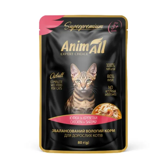 Вологий корм для котів AnimAll з куркою та креветками в соусі 80 г