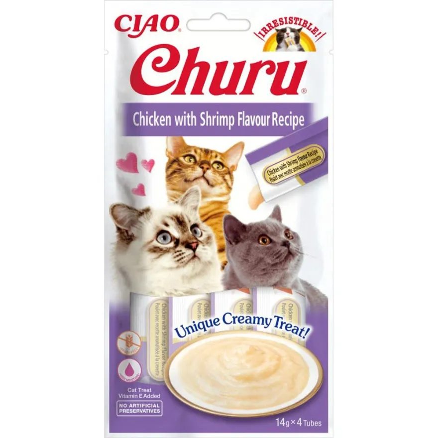 Лакомства для кошек Inaba Churu Кремовый мусс с курицей и креветками 4*14 г