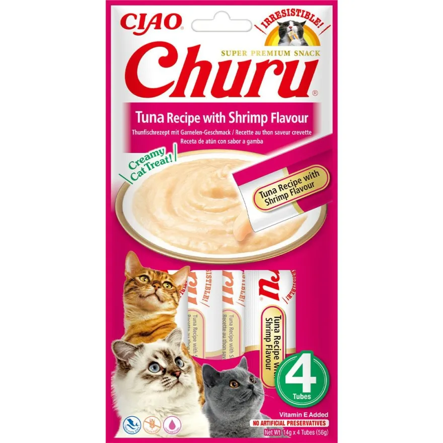 Лакомства для кошек Inaba Churu Кремовый мусс с тунцом и креветками 4*14 г