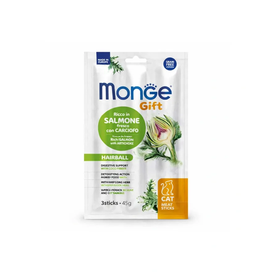 Лакомства для кошек Monge Gift Cat Hairball палочки для выведения шерсти, с лососем и артишоком, 3 шт