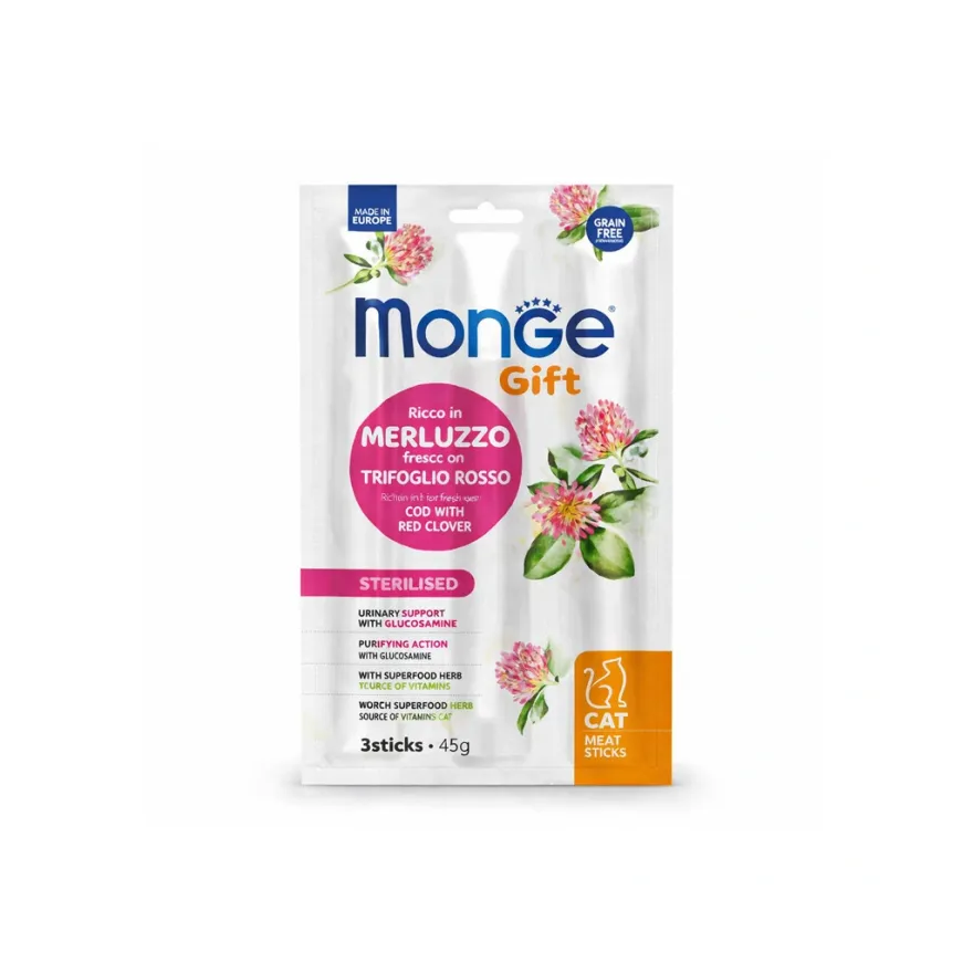 Лакомства для кошек Monge Gift Cat Skin Support палочки для кожи и шерсти, с треской и красным клевером, 3 шт