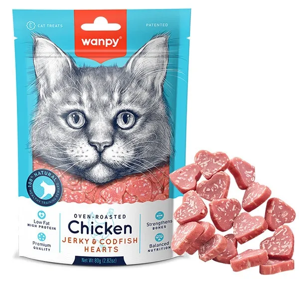 Лакомства для кошек Wanpy куриные джерки и сердечки из трески 80 г