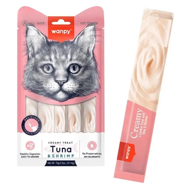Лакомство для кошек Wanpy Creamy Treat кремовый мусс с тунцом и креветками 5*14 г