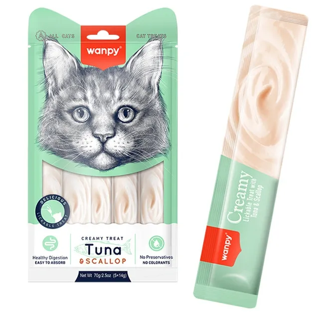 Лакомства для кошек Wanpy Creamy Treat Кремовый мус с тунцом и морским гребешком 5*14 г