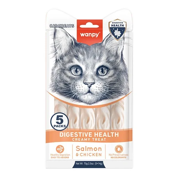 Лакомства для кошек Wanpy Functional Creamy Treat Digestive Health Кремовый мусс с лососем и курицей 5*14г