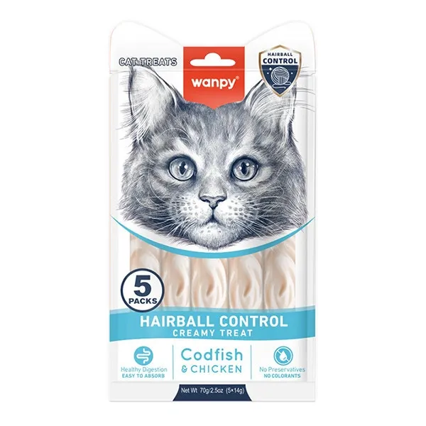Лакомства для кошек Wanpy Functional Creamy Treat Hairball Control Кремовый мусс с треской и курицей 5*14 г