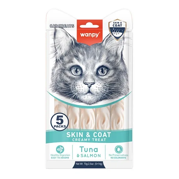 Лакомства для кошек Wanpy Functional Creamy Treat Skin&Coat Кремовый мусс с тунцом и лососем 5*14г