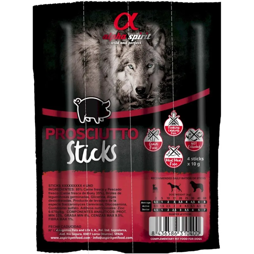 Ласощі для собак Alpha Spirit Dog Sticks Prosciutto палички з прошуто 4 шт, 40 г