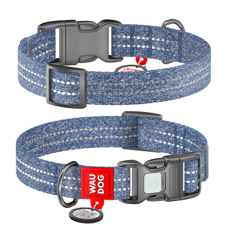 Ошейник для собак WAUDOG Re-cotton восстановленный хлопок S с QR-паспортом 25-35 см / 15 мм синий