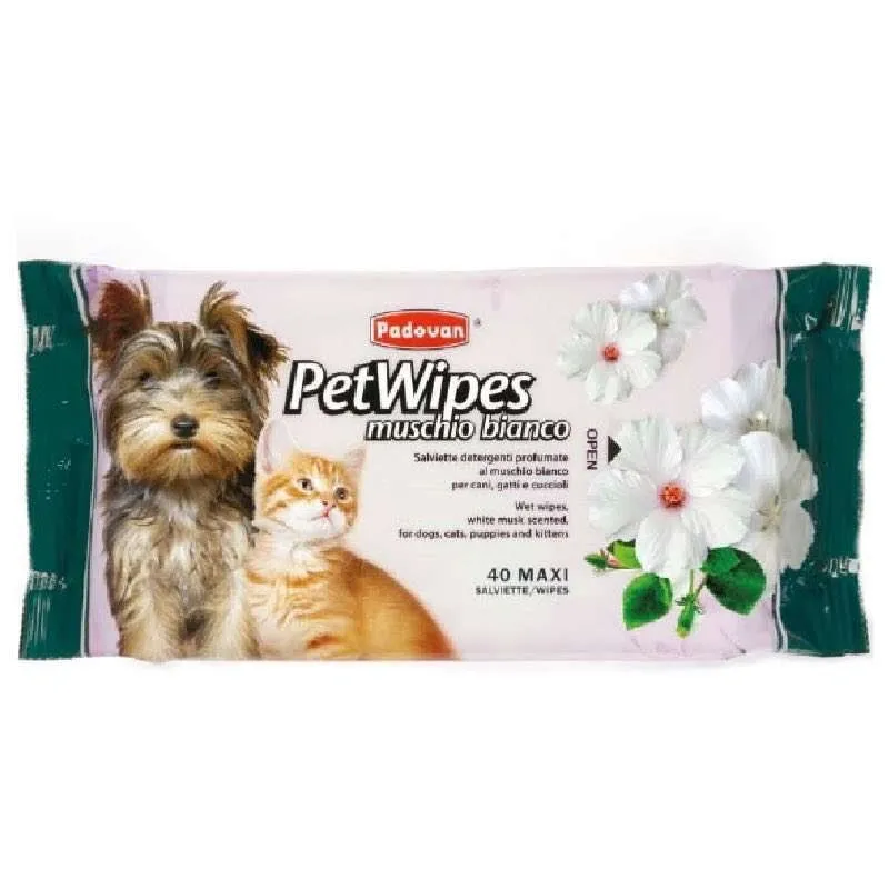 Очищаючі вологі серветки  Padovan Pet Wipes Muschio Bianco для собак і котів з ароматом білого мускусу 40 шт