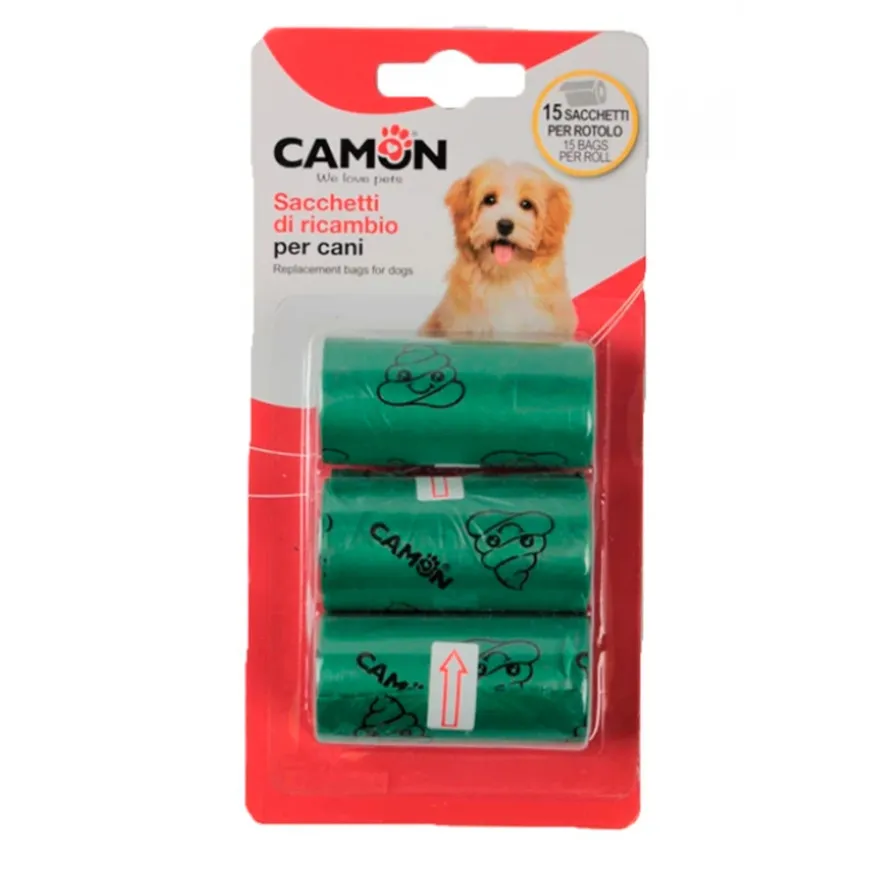 Пакеты Camon для уборки за животными под брелок-диспенсер "POO" 15*3 шт зелёные