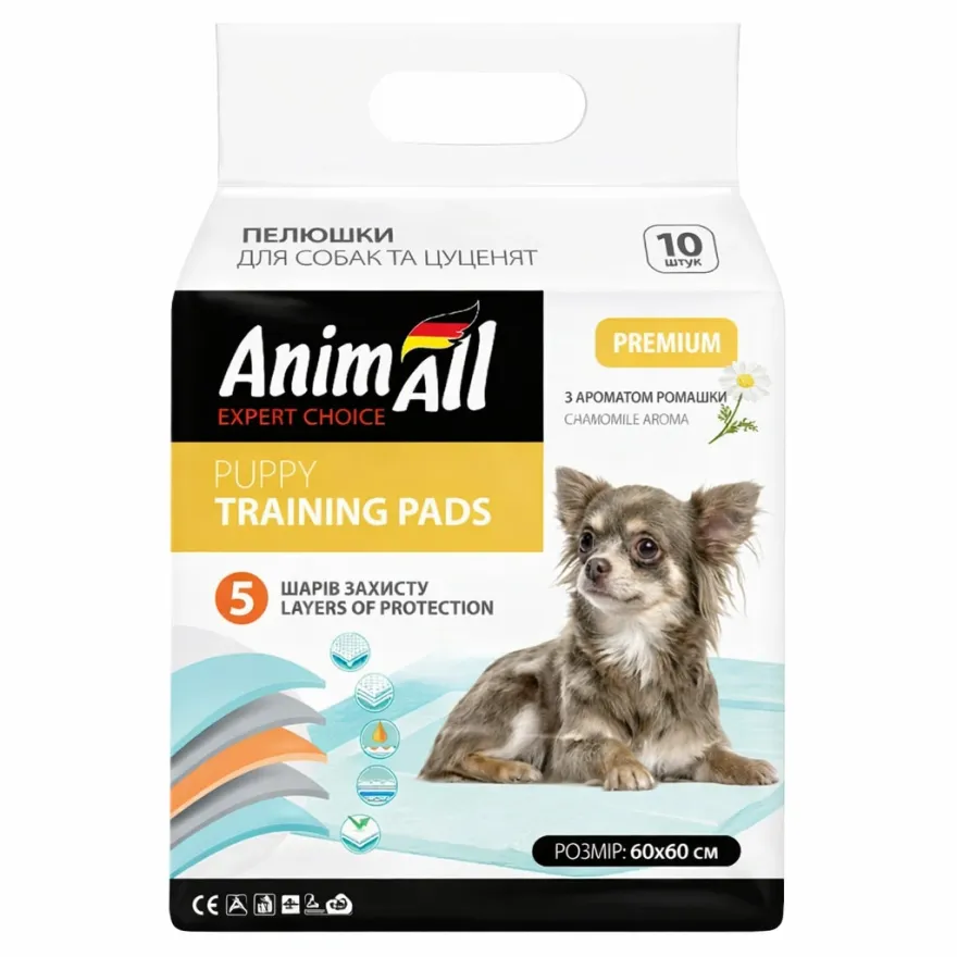 Пеленки AnimAll Puppy Training Pads ежедневные с ароматом ромашки для щенков и взрослых собак 60*60 см 10 шт