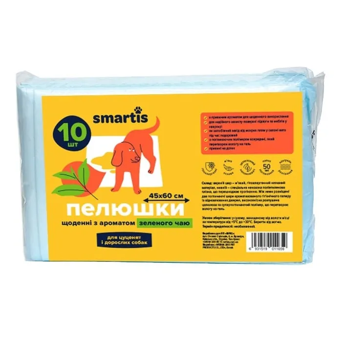 Пеленки Smartis ежедневные с ароматом зеленого чая для щенков и взрослых собак 45*60 см 10 шт