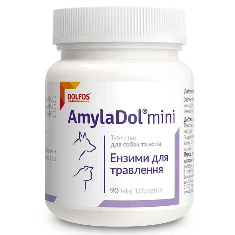 Пищевая добавка Dolfos AmylaDol mini Ферменты для поддержки пищеварительной системы кошек и собак мелких пород 90 табл. (30 г)
